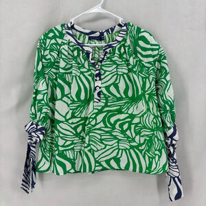 La Plage Women’s XS Green Navy blue quarter Sleeve blouse ladies top tie sleeve